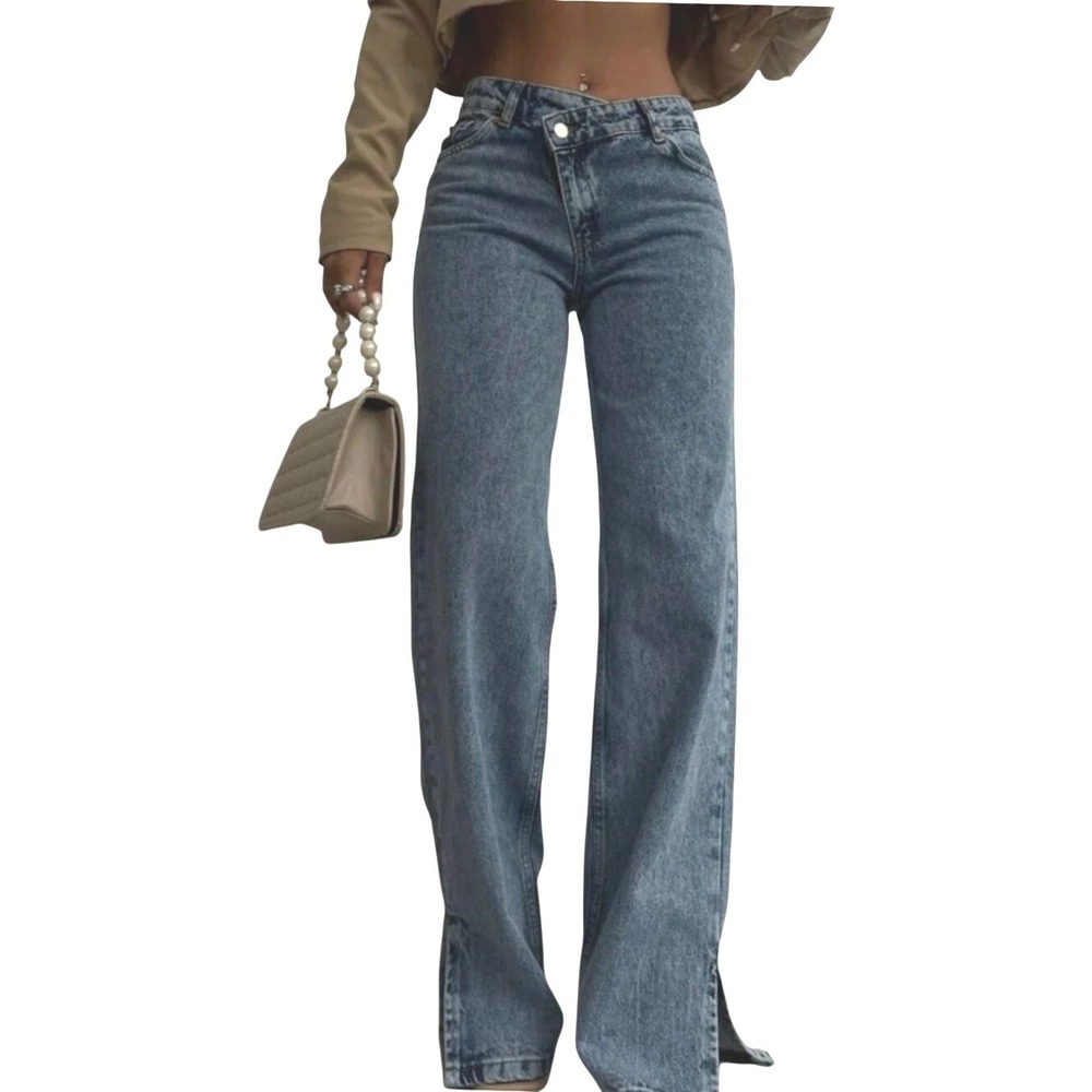Piral Asymmetrical Crossover Waist Wide Leg Jeans Medium Wash Blue Size S